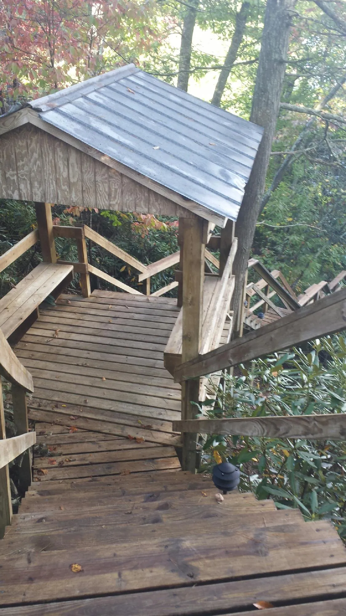 Metal roofed shelter over wooden steps on a wooded walkway — Skylight Repair & Installation work by our crew in Moody